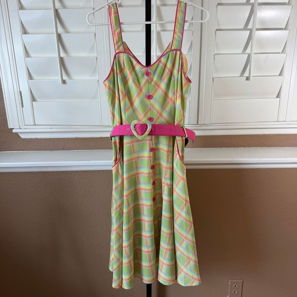 Voodoo Vixen Vita Rainbow Tartan Swing Dress Sz XL Pockets Pastel Goth Kawaii